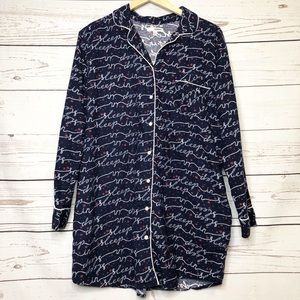Sonoma Navy Blue 'Sleep In' Print Long Button Pajama Top with Red Accents